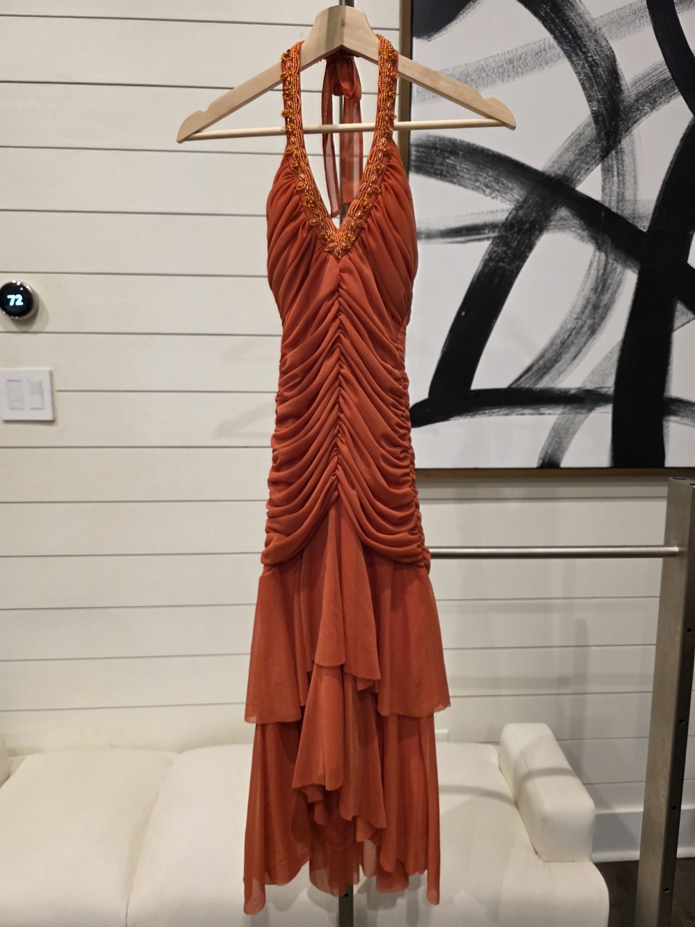 Night Way Collections Ruched Orange Halter Evening Dress